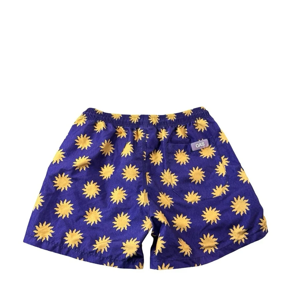 OAS Purple Yellow Sun AOP Mens Polyester Swimshort Cut Liner Size Medium